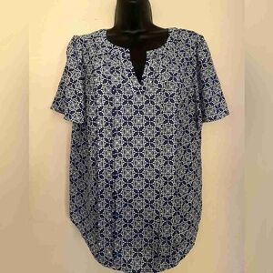 Blue Patterned Short-Sleeve Women's Top